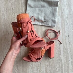 Santoni suede fringe block heels